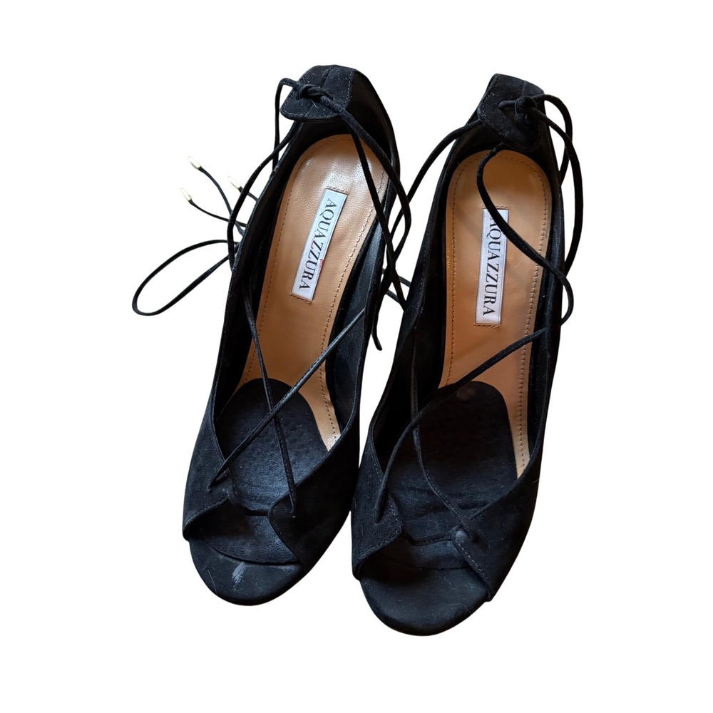Aquazzura Womens Suede Lace Up Black Luxury Skinny Heel Sandal Pumps